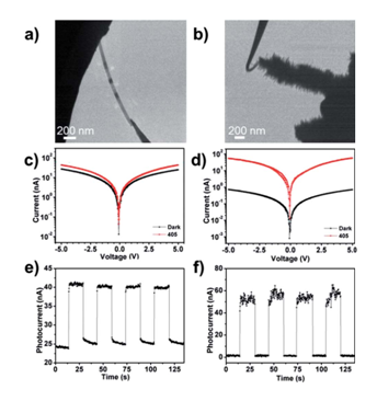 圖4：（a）（b）分別對(duì)應(yīng)CdS納米帶和CdS/ZnO異質(zhì)結(jié)安置在原位光學(xué)-光纖樣品桿中的TEM圖像。（c）（d）分別對(duì)應(yīng)CdS納米帶和CdS/ZnO異質(zhì)結(jié)I-V曲線的開關(guān)特性。（e）（f）分別對(duì)應(yīng)CdS納米帶和CdS/ZnO異質(zhì)結(jié)對(duì)周期性光信號(hào)的響應(yīng)特性。